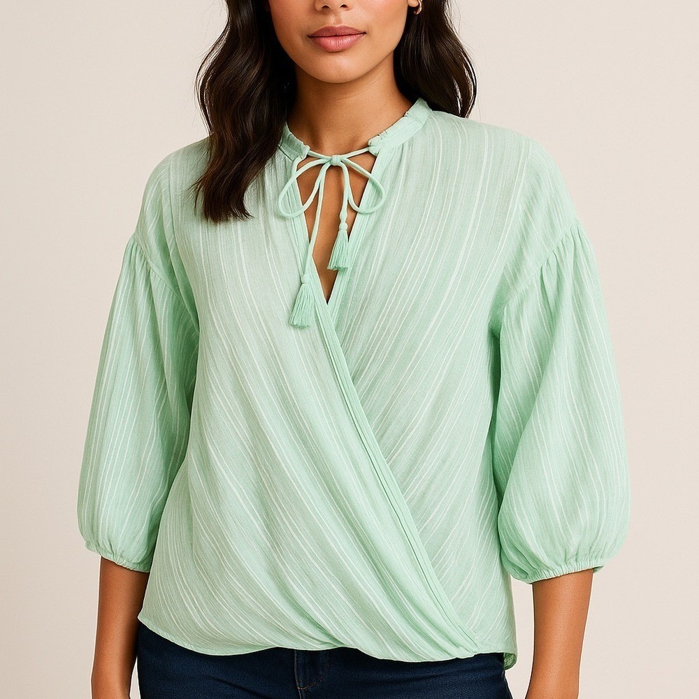 Lou & Grey for LOFT Mint Textured Stripe Tassel Blouse – Size Large